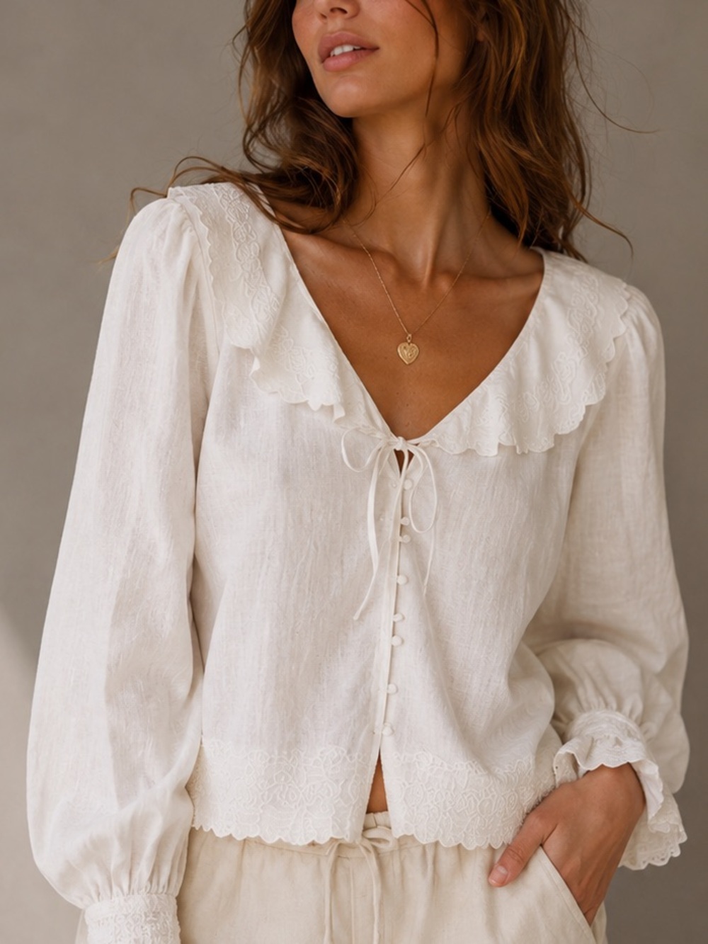 Anthropologie Embroidered Linen Lac Collar Tie Neck Top in Ivory (Size XS)